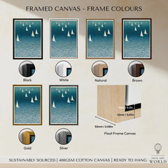 Sailing Boats Art Print – Blue Japanese Coastal Wall Art — framed canvas float frame colour options