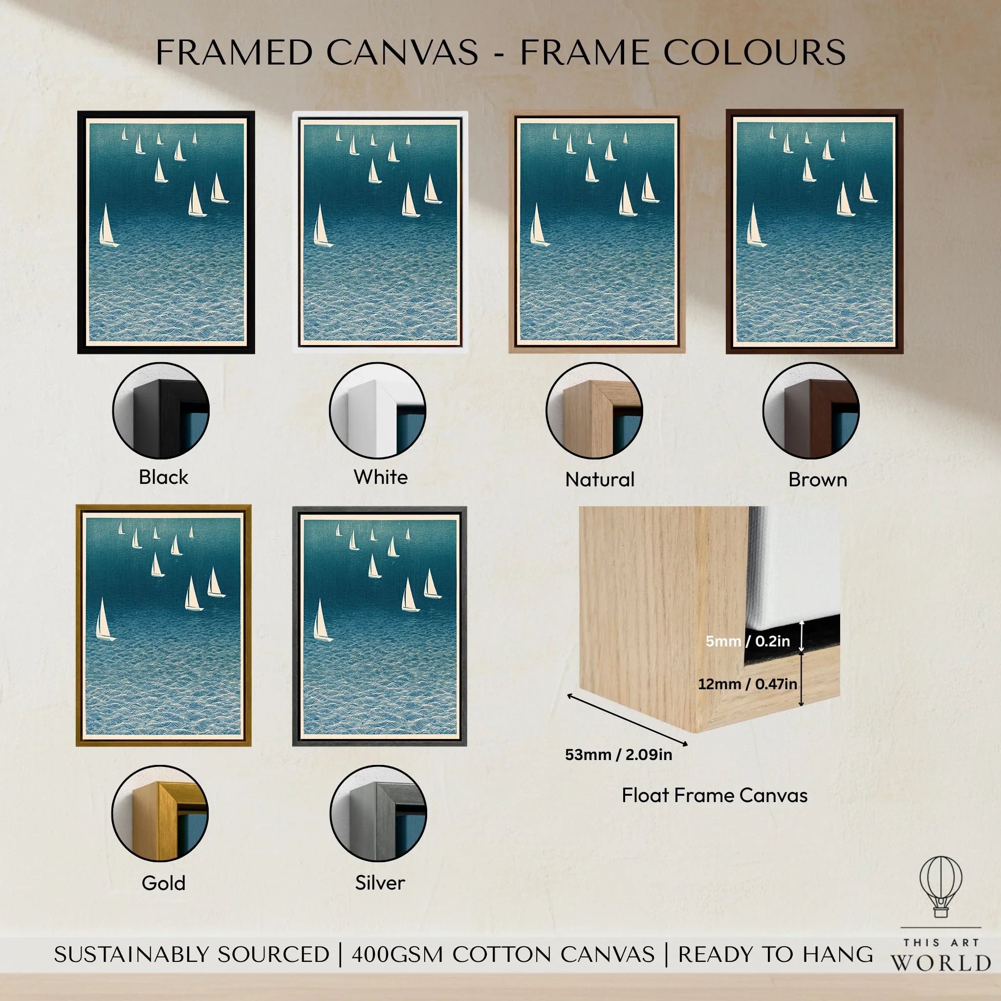 Sailing Boats Art Print – Blue Japanese Coastal Wall Art — framed canvas float frame colour options