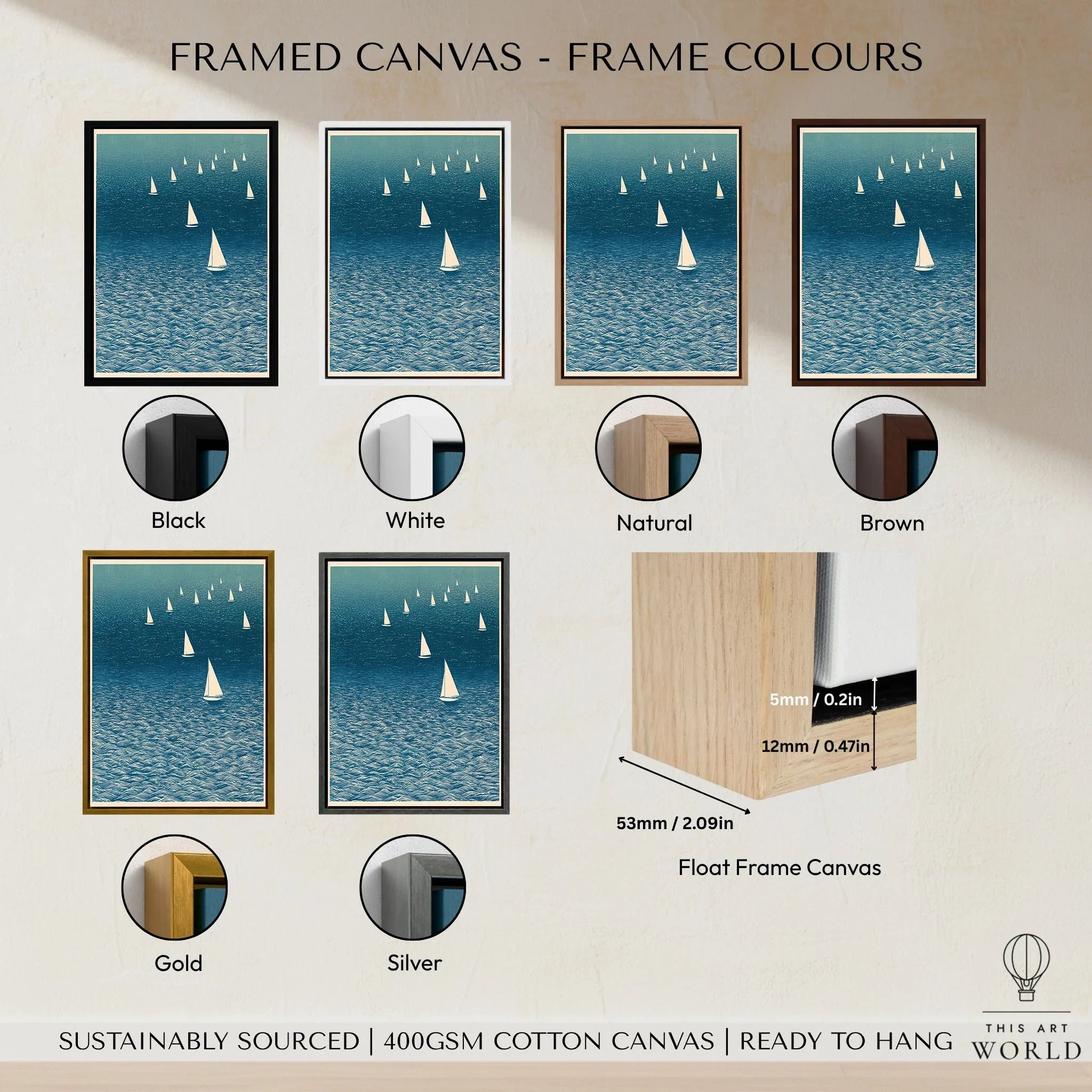 Sailboat Wall Art – Japanese Blue Ocean Print — framed canvas float frame colour options