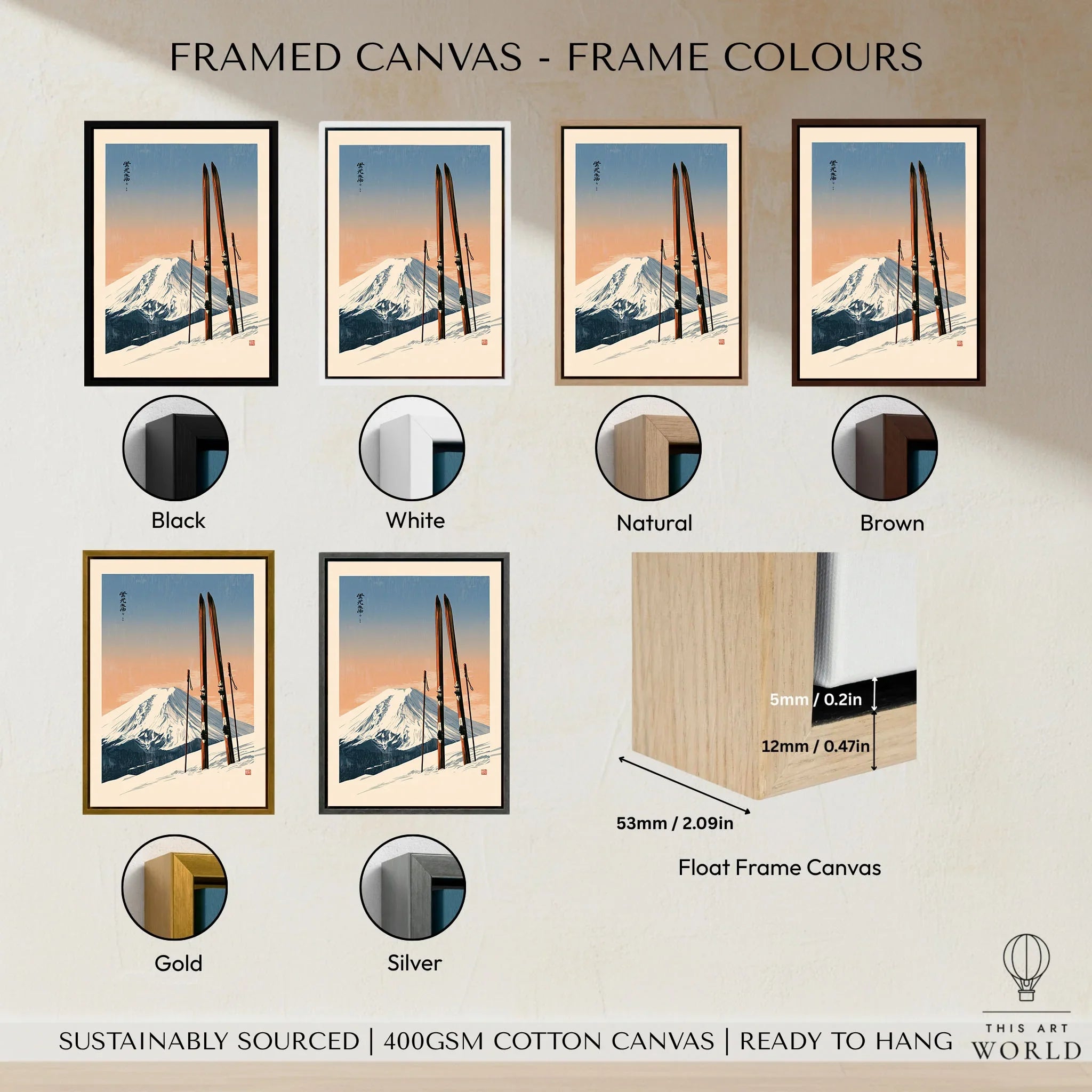 Vintage Ski Poster – Mount Fuji Japanese Alpine Wall Art — framed canvas float frame colour options