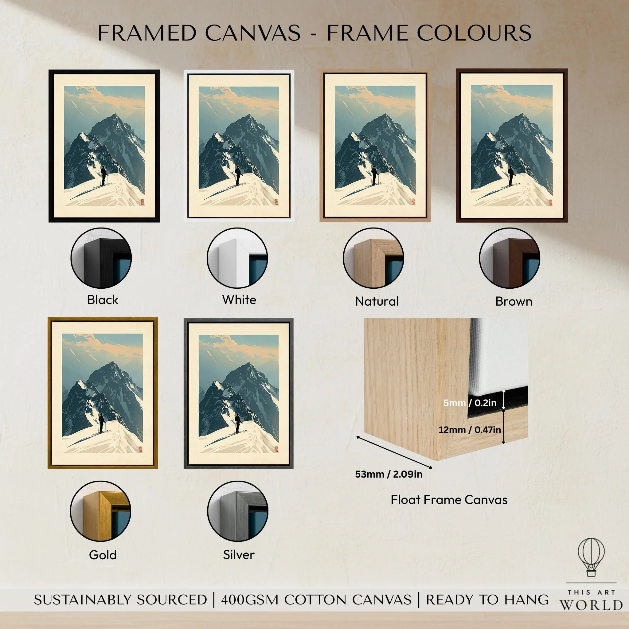Ski Mountaineering Print – Vintage Alpine Summit Wall Art — framed canvas float frame colour options