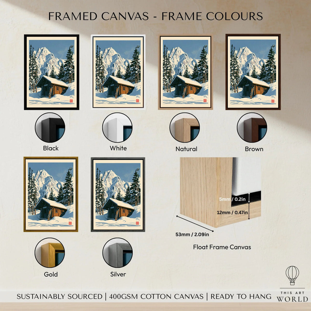 Ski Cabin Art Print – Vintage Alpine Chalet Wall Art — framed canvas float frame colour options