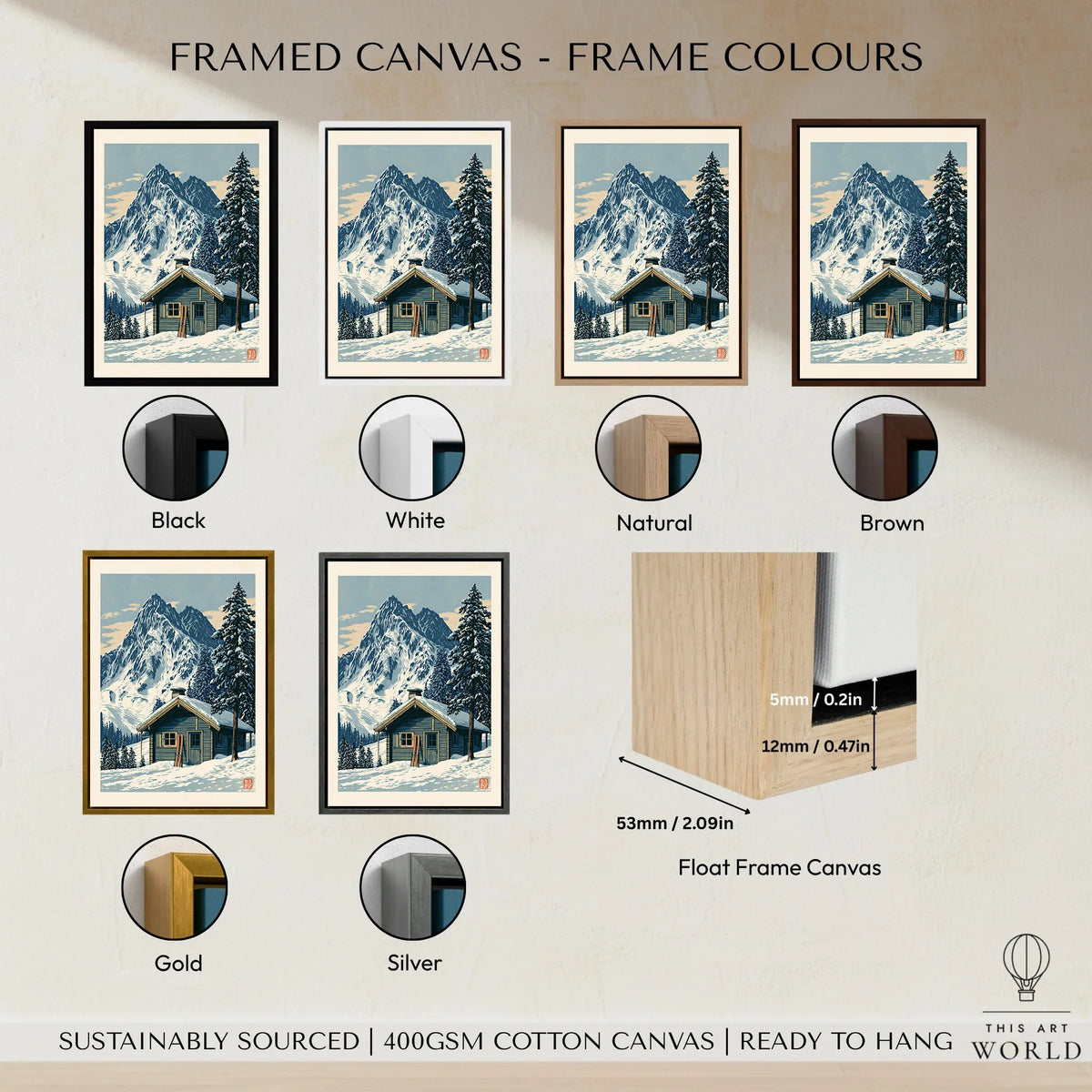 Ski Hut Poster – Vintage Alpine Cabin Wall Art — framed canvas float frame colour options
