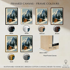 Log Cabin Ski Print – Vintage Alpine Lodge Wall Art — framed canvas float frame colour options