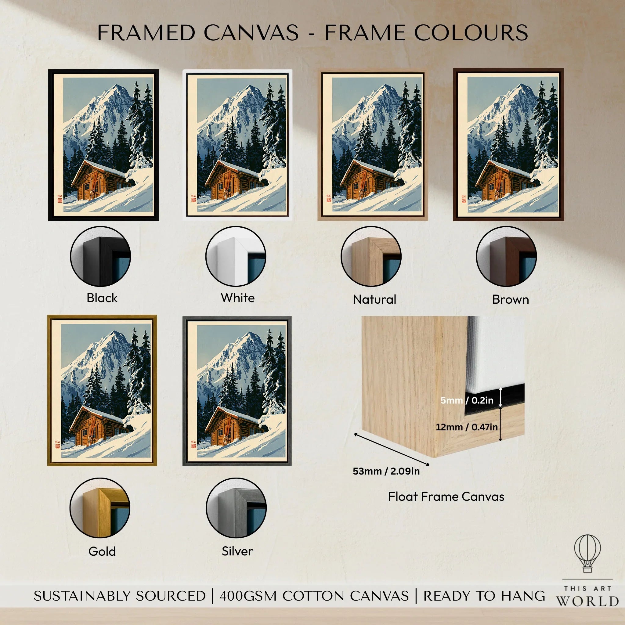 Log Cabin Ski Print – Vintage Alpine Lodge Wall Art — framed canvas float frame colour options