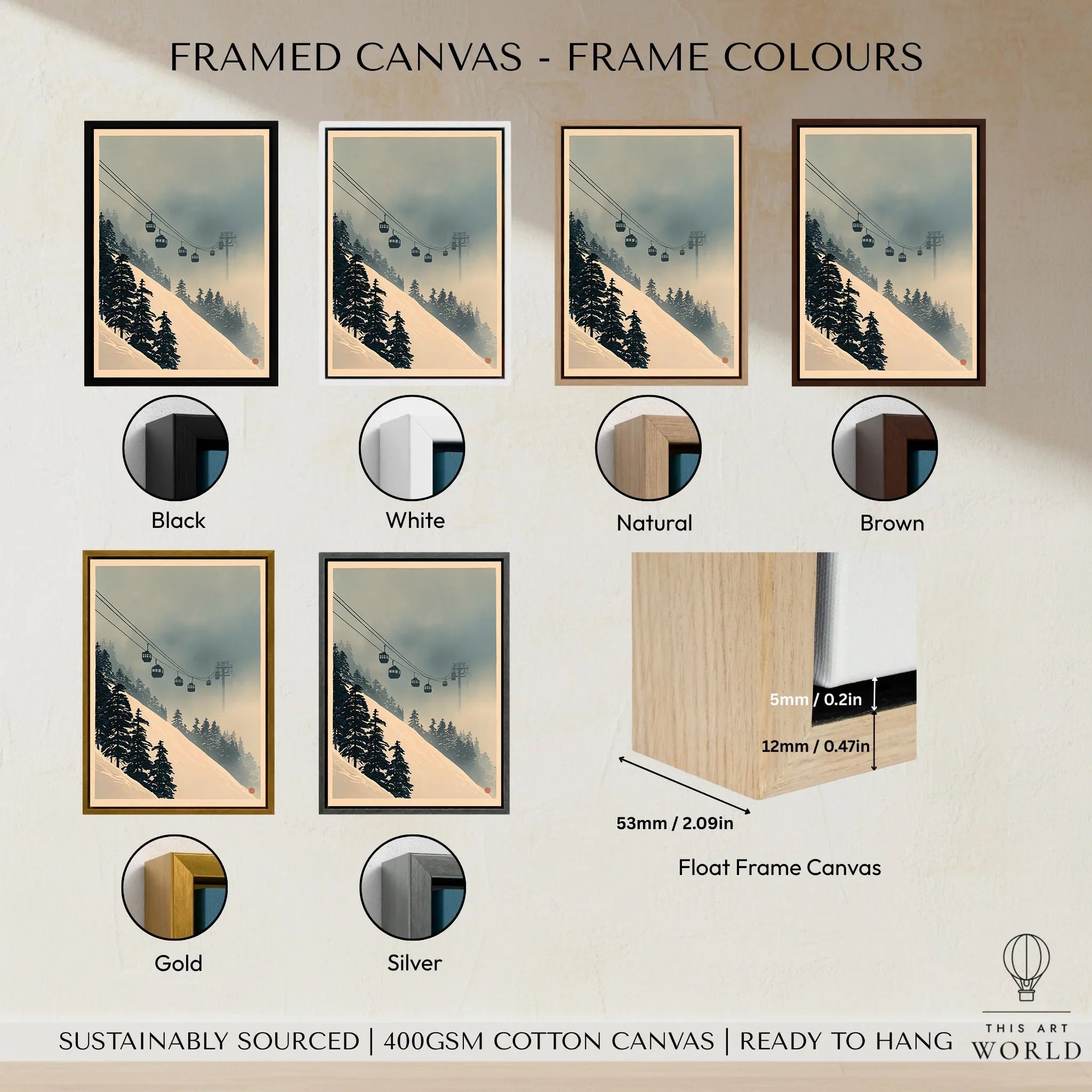 Misty Ski Lift Art Print – Vintage Alpine Gondola Wall Art — framed canvas float frame colour options