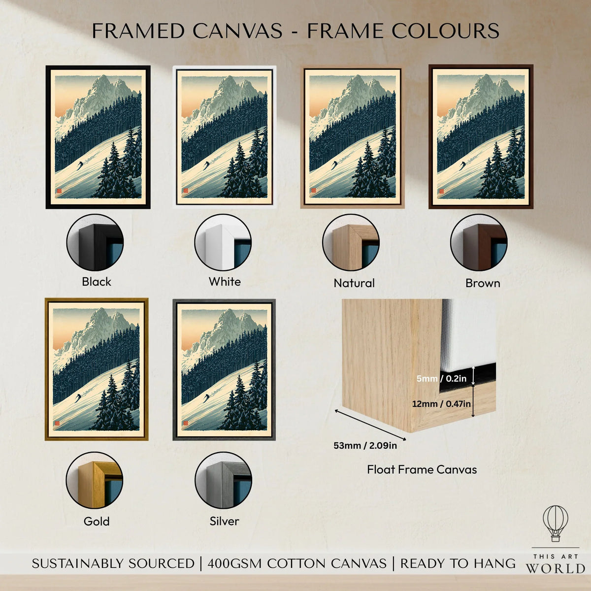 Alpine Ski Poster – Vintage Mountain Forest Wall Art — framed canvas float frame colour options
