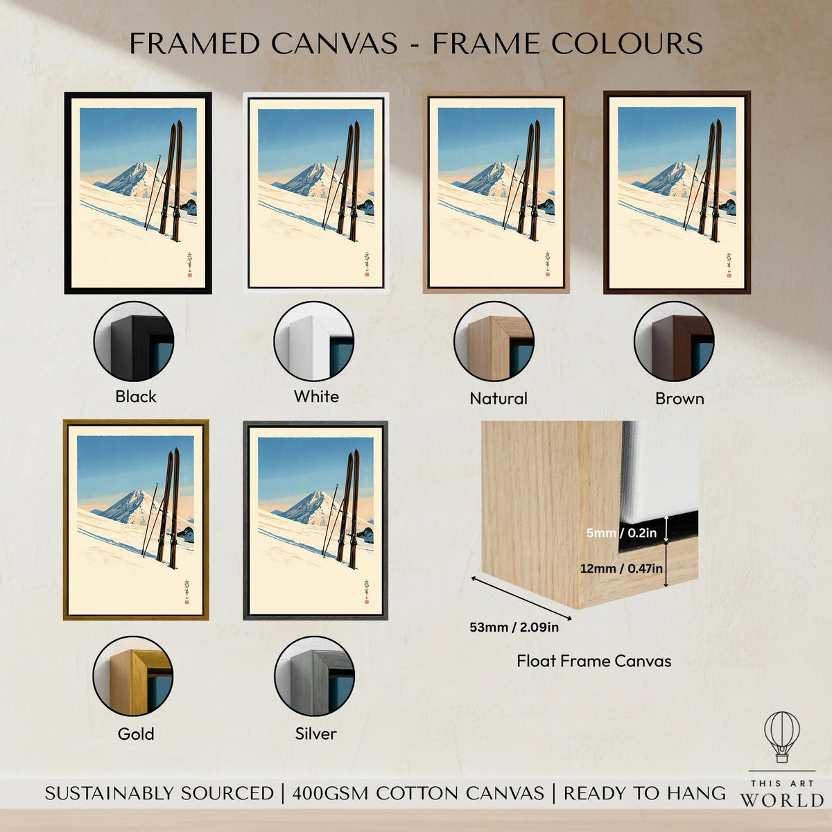 Vintage Ski Print – Japanese Woodblock Mountain Wall Art — framed canvas float frame colour options