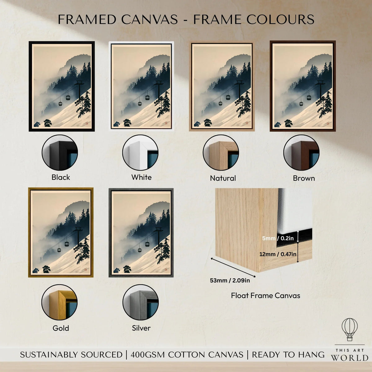 Ski Lift in Mist Print – Vintage Alpine Wall Art — framed canvas float frame colour options