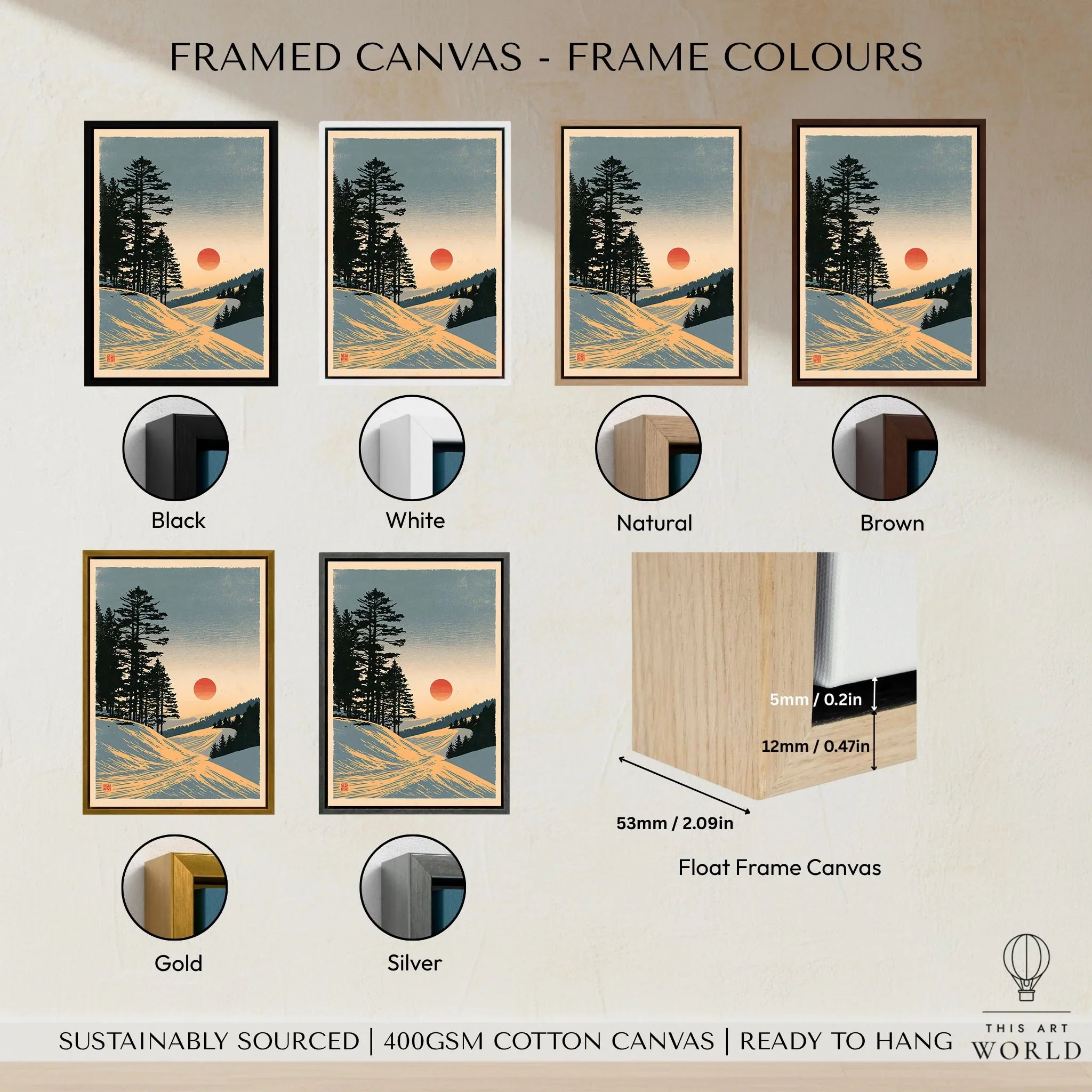 Ski Sunset Poster – Vintage Japanese Alpine Wall Art — framed canvas float frame colour options