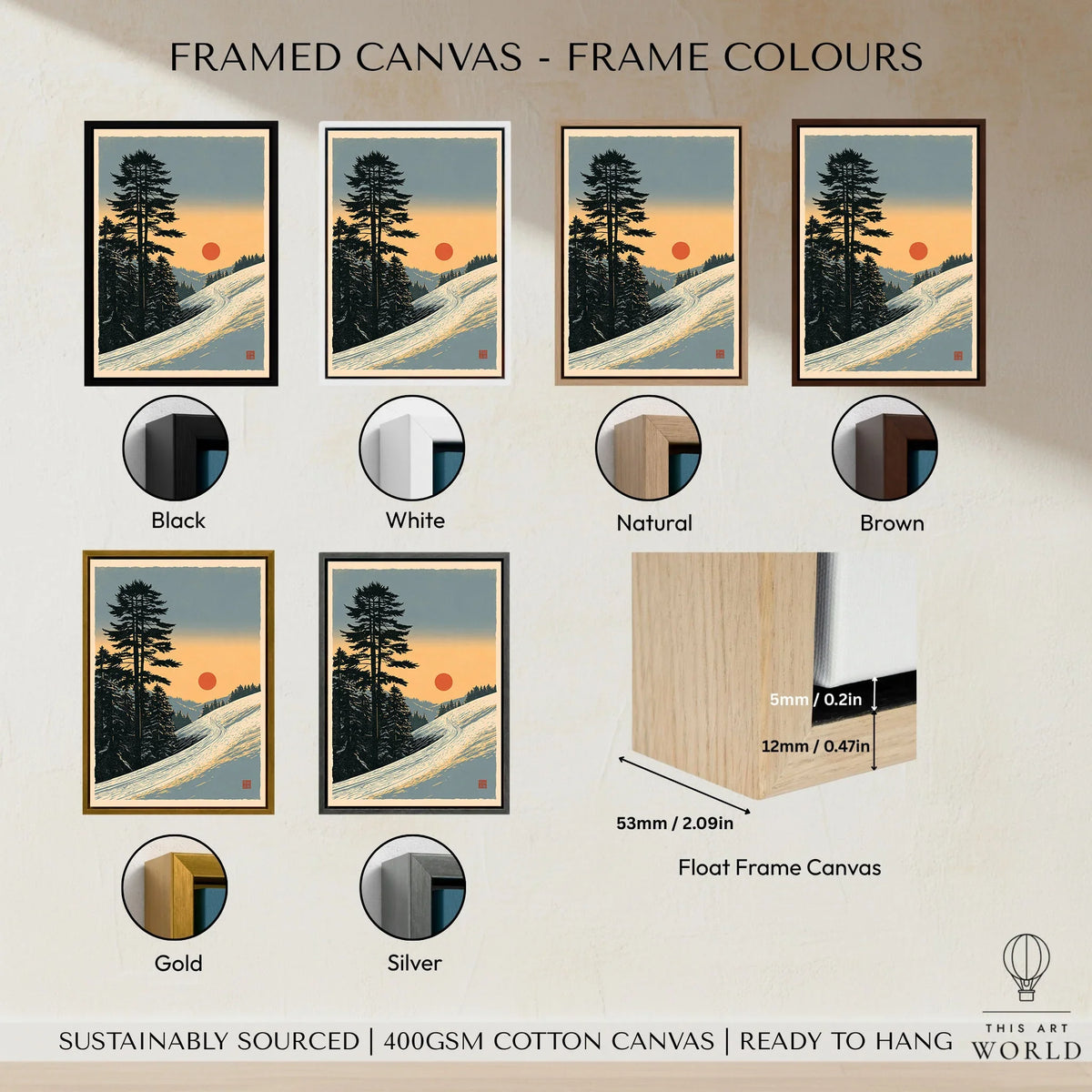 Winter Sunset Ski Print – Vintage Alpine Wall Art — framed canvas float frame colour options