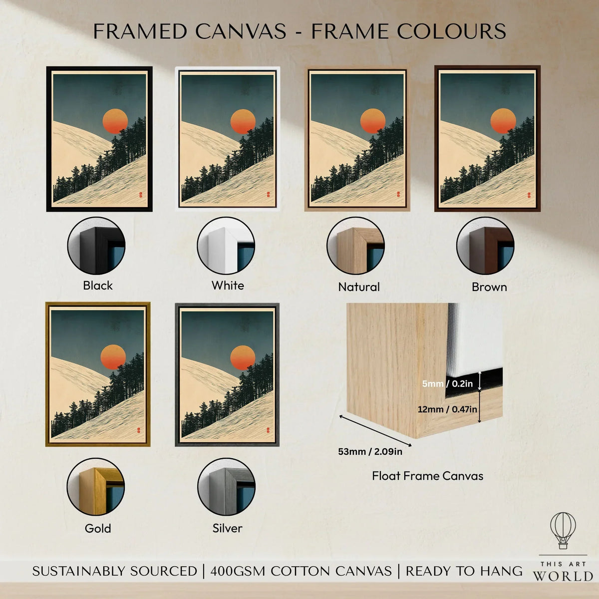 Ski Slope Art Print – Vintage Winter Sunset Wall Art — framed canvas float frame colour options