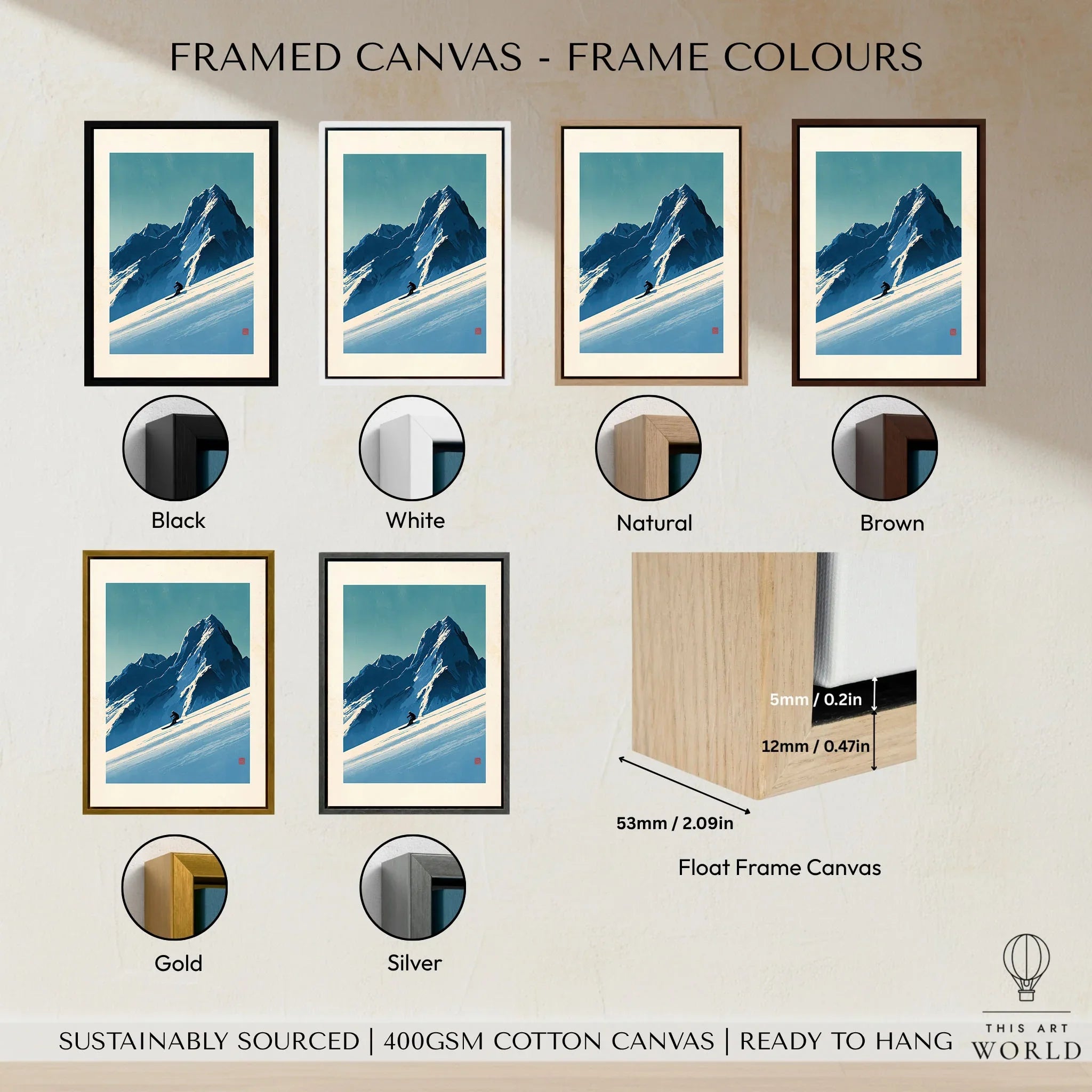 Ski Poster – Vintage Japanese Alpine Skiing Wall Art — framed canvas float frame colour options