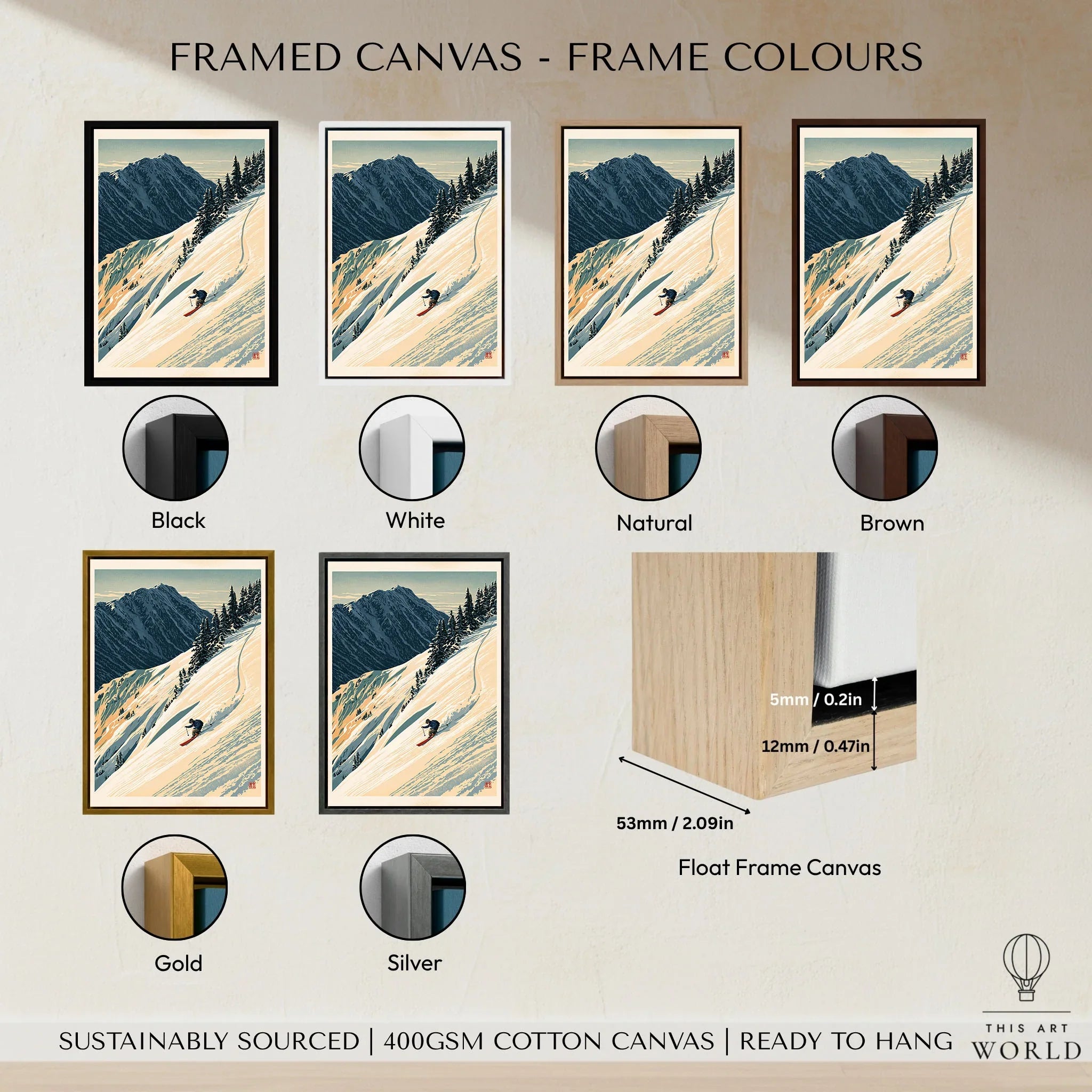 Powder Skiing Poster – Vintage Alpine Ski Wall Art — framed canvas float frame colour options