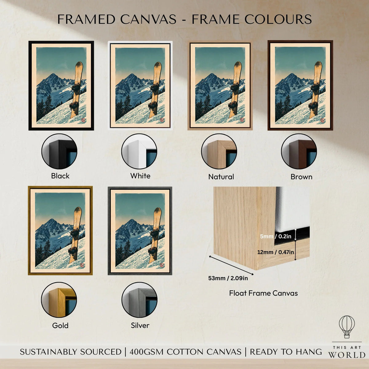 Vintage Snowboard Poster – Alpine Mountain Wall Art — framed canvas float frame colour options