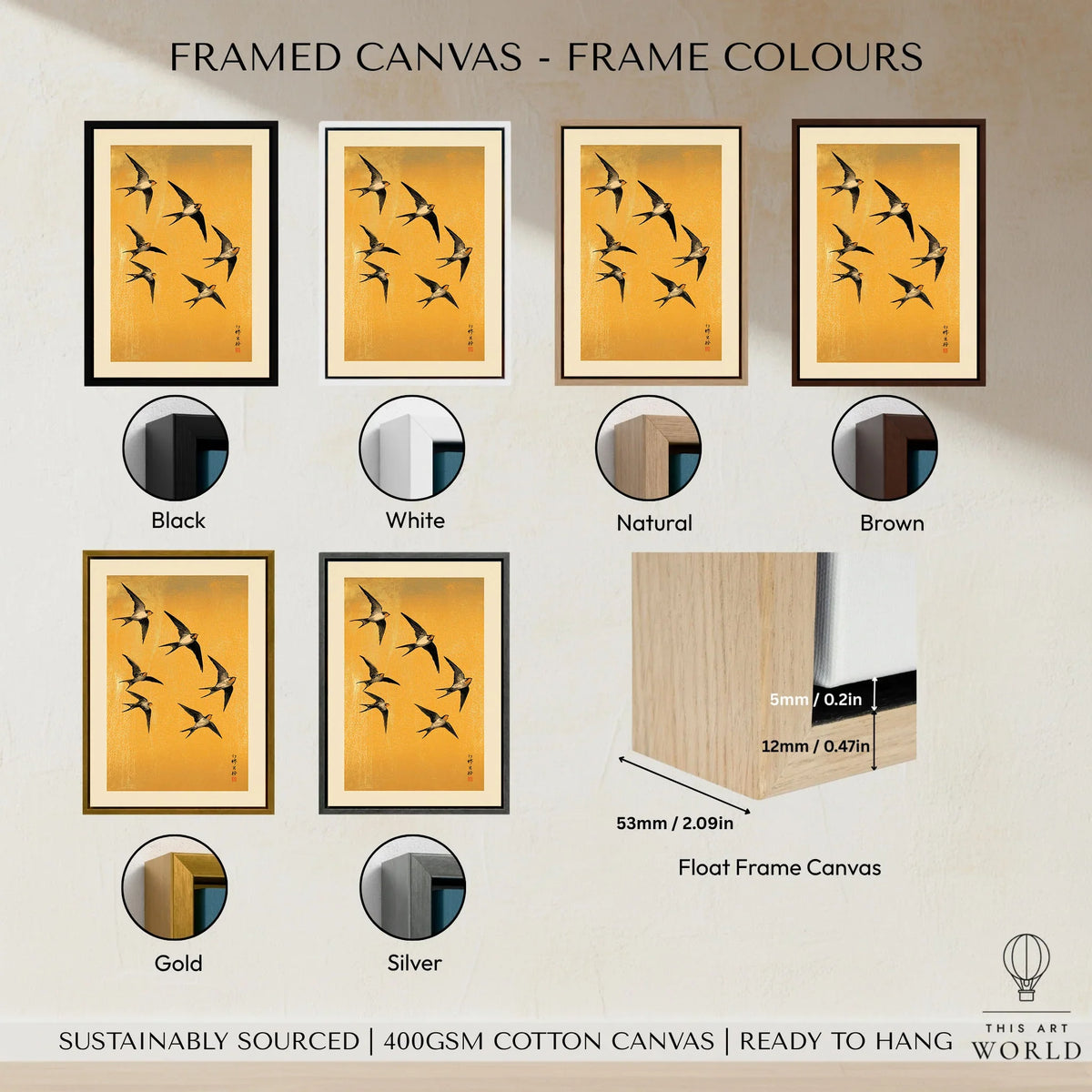 Swallows Art Print – Gold Japanese Bird Wall Art — framed canvas float frame colour options