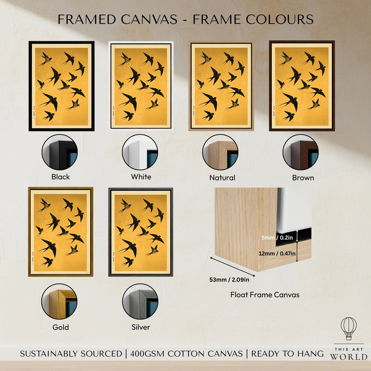 Flying Swallows Wall Art – Vintage Japanese Gold Print — framed canvas float frame colour options