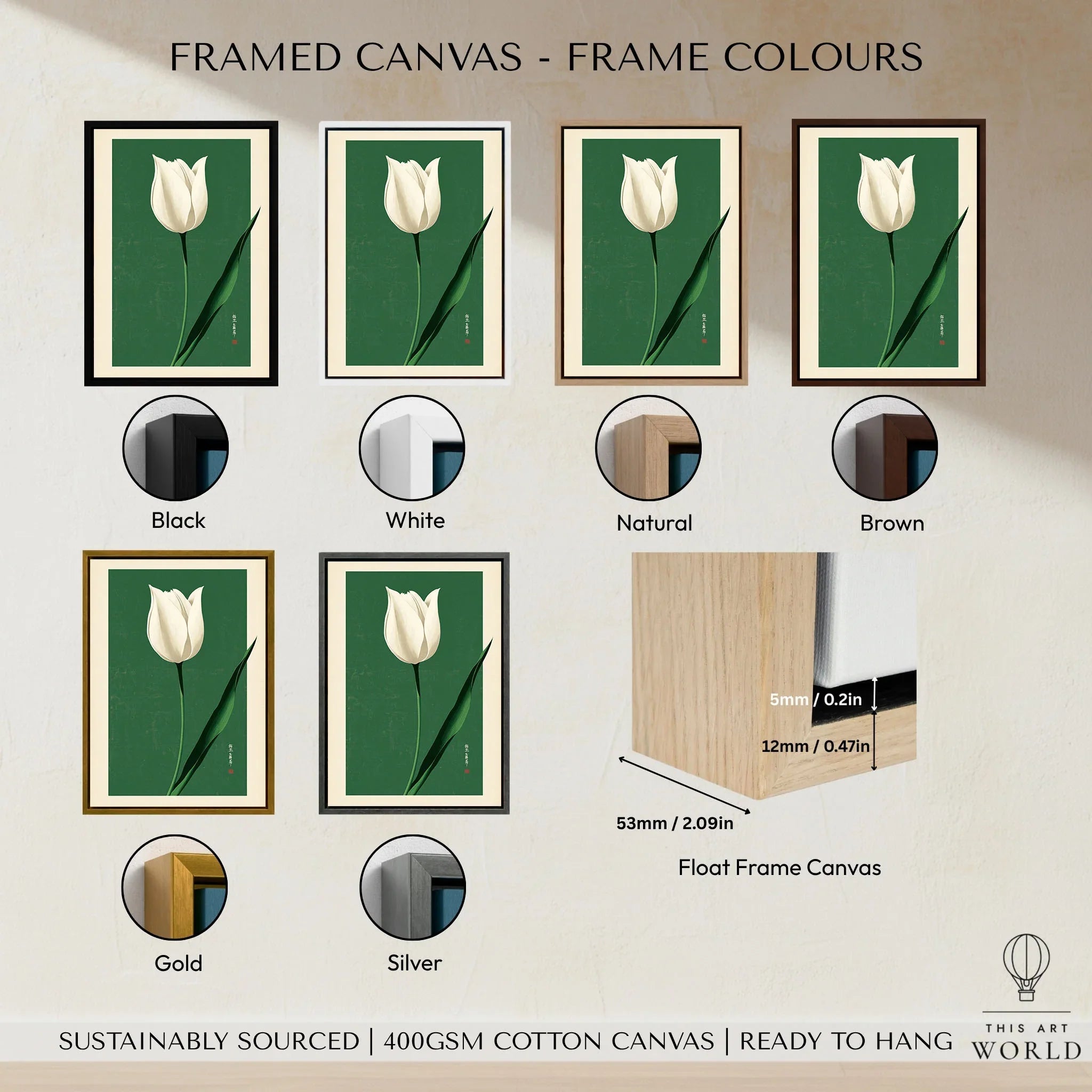 White Tulip Art Print – Green Japanese Botanical Wall Art — framed canvas float frame colour options