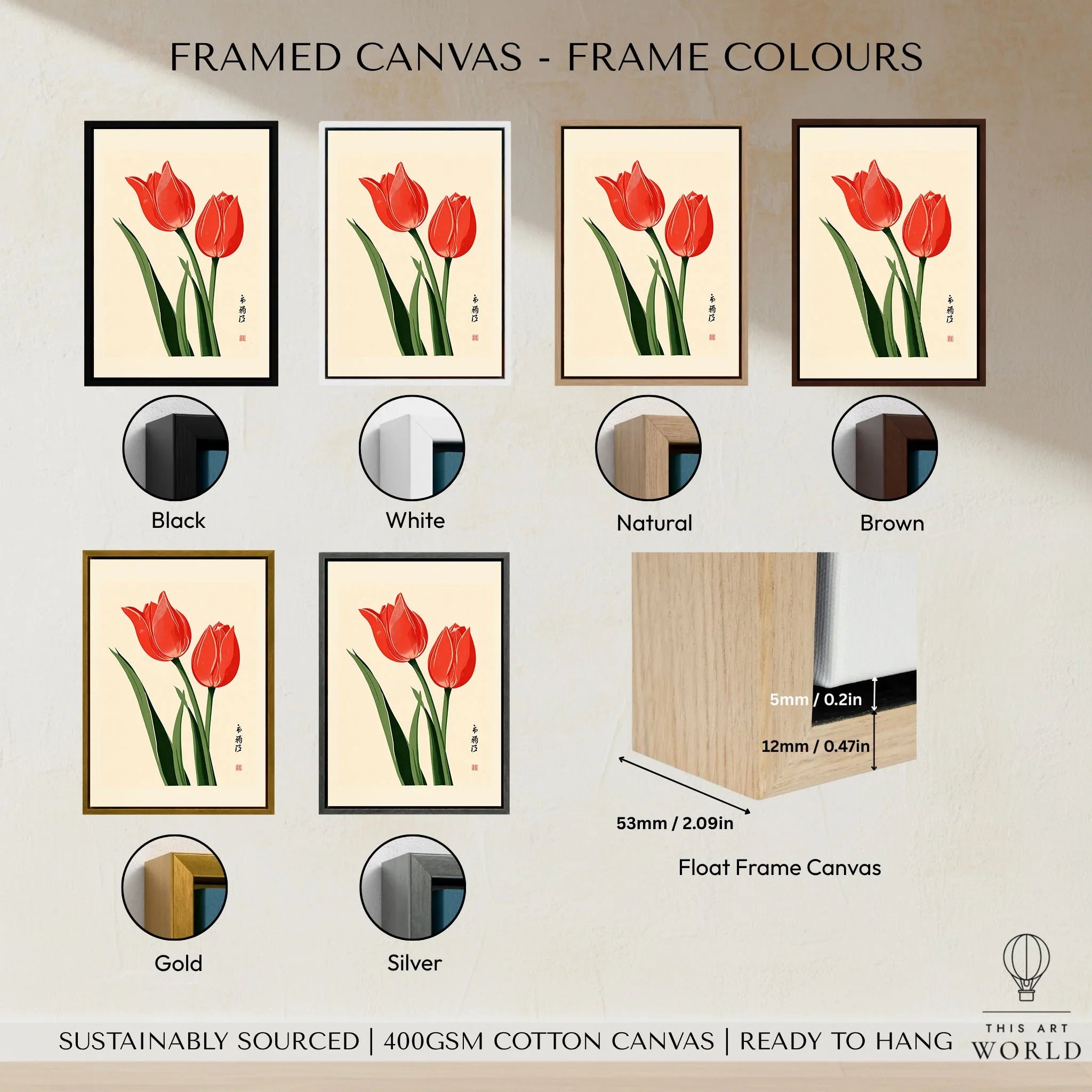Tulip Art Print – Vintage Japanese Flower Wall Art — framed canvas float frame colour options