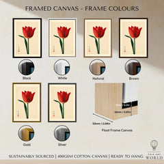 Deep Red Tulip Wall Art – Japanese Botanical Print — framed canvas float frame colour options