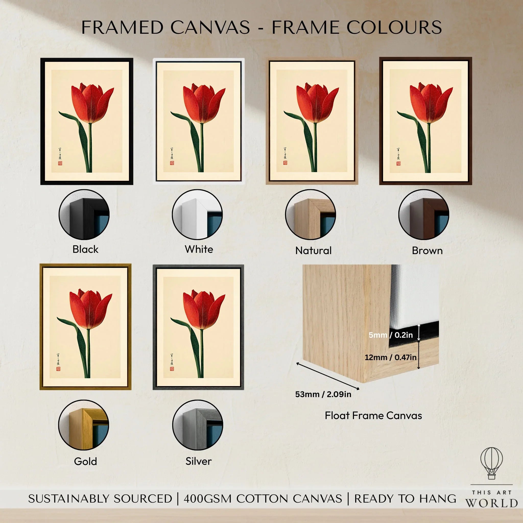Deep Red Tulip Wall Art – Japanese Botanical Print — framed canvas float frame colour options