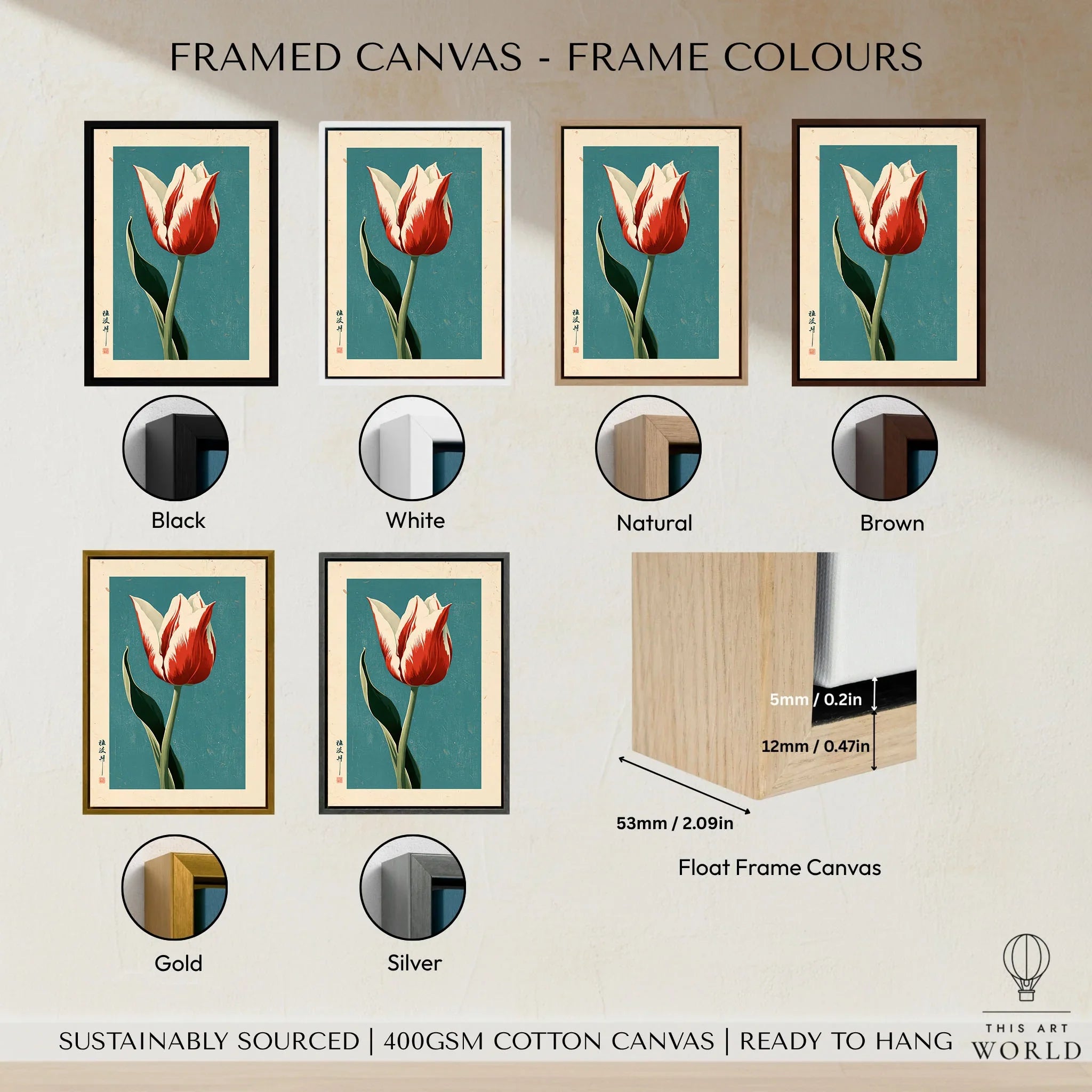 Striped Tulip Art Print – Blue Japanese Botanical Wall Art — framed canvas float frame colour options