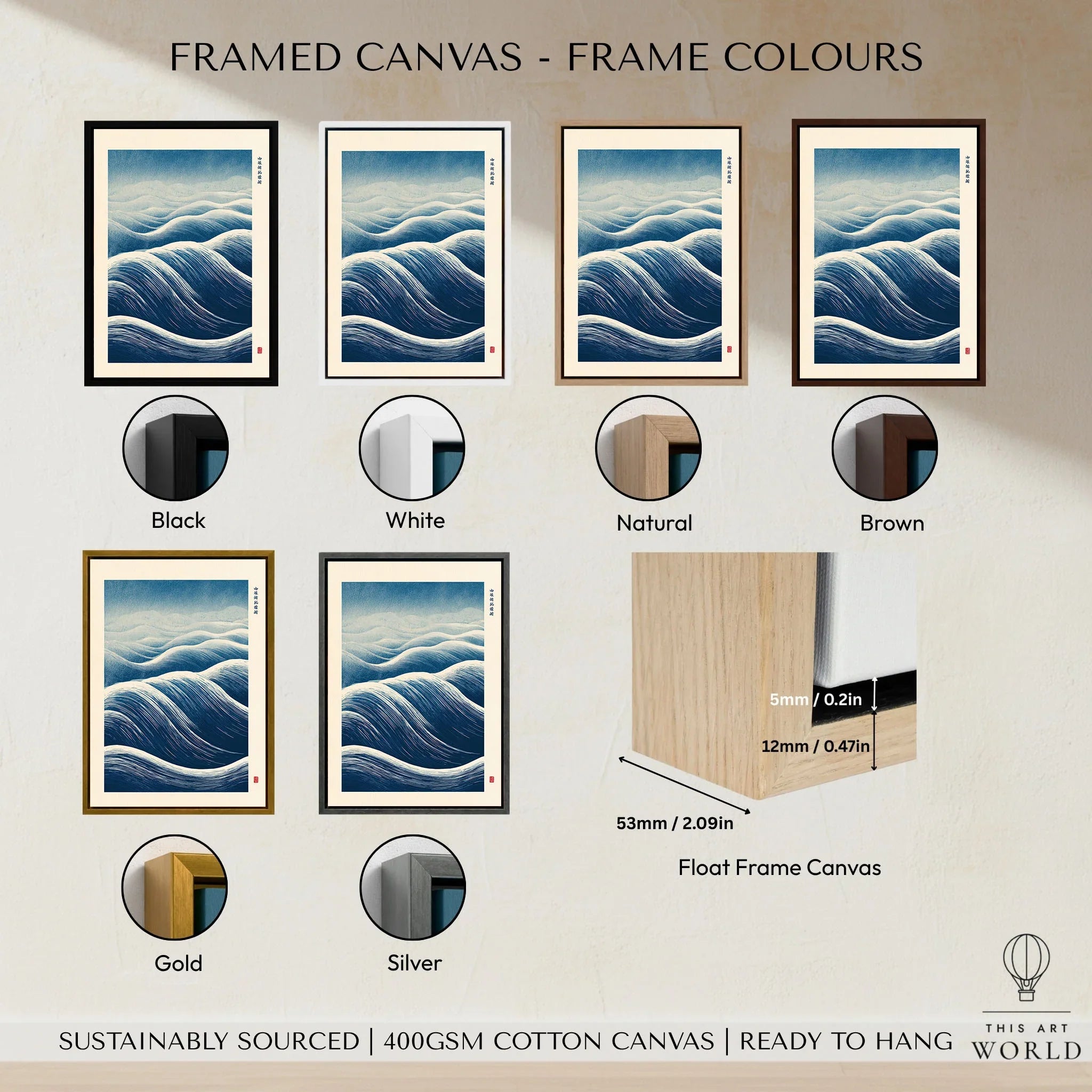 Ocean Wave Art Print – Blue Japanese Woodblock Wall Art — framed canvas float frame colour options