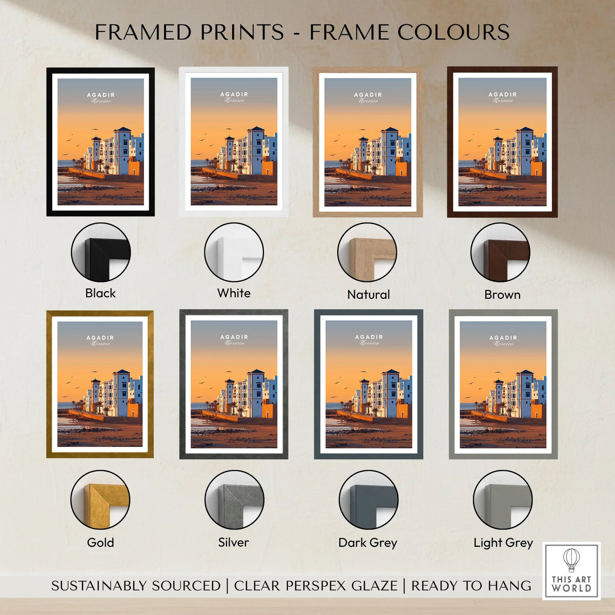 Agadir Travel Poster – Morocco Beach Print framed print frame colour options: black, white, natural, brown, gold, silver, dark grey and light grey