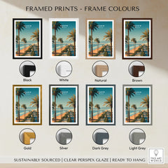 Agadir Travel Poster Print Morocco - Palm Trees framed print frame colour options: black, white, natural, brown, gold, silver, dark grey and light grey