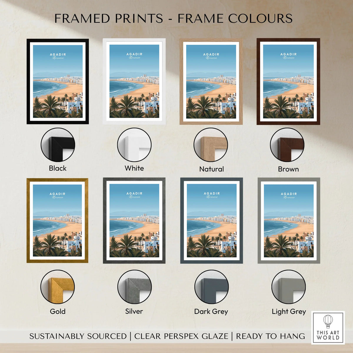 Agadir Morocco Poster – Travel Print framed print frame colour options: black, white, natural, brown, gold, silver, dark grey and light grey