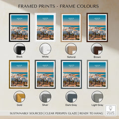 Agadir Travel Poster – City Skyline framed print frame colour options: black, white, natural, brown, gold, silver, dark grey and light grey
