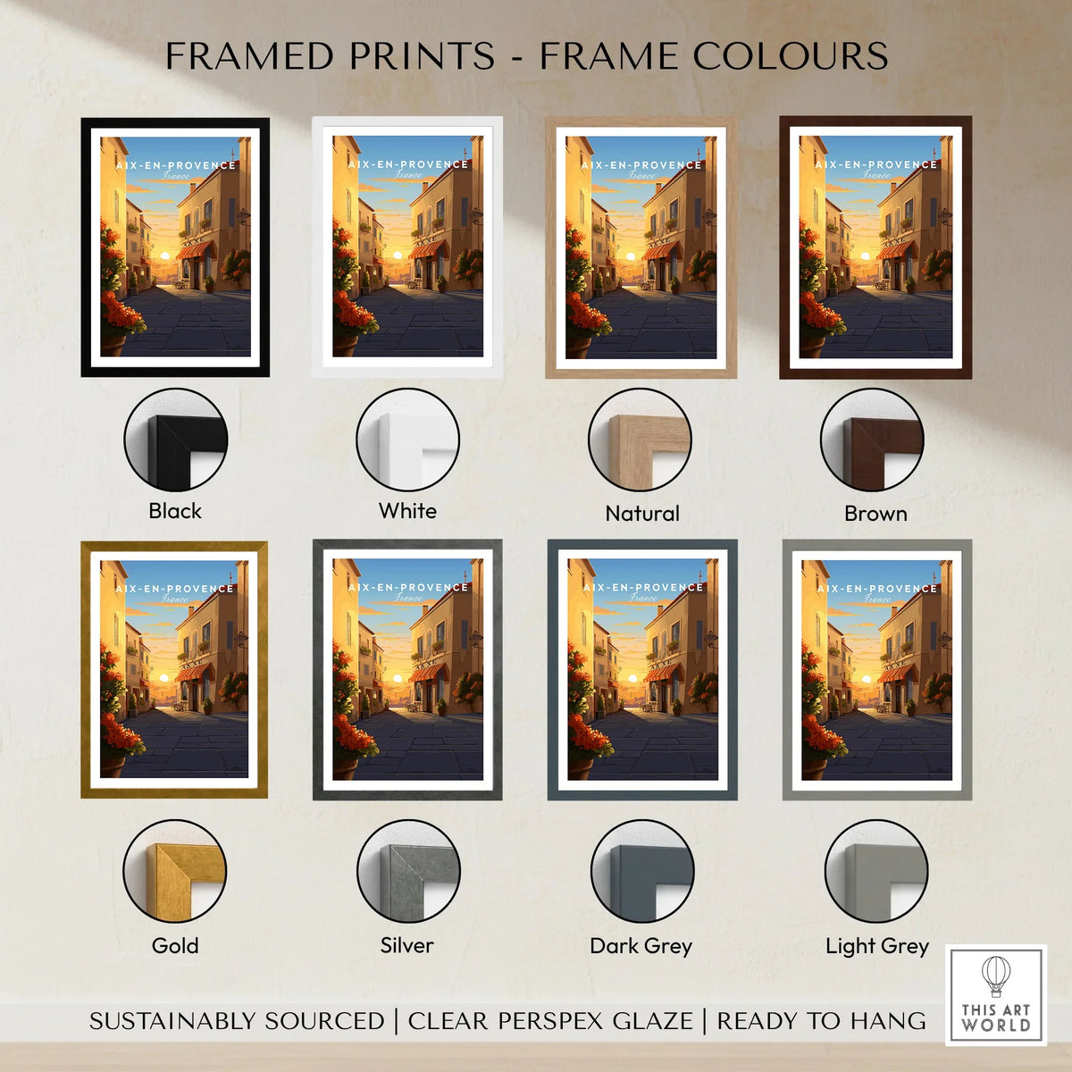 Aix-en-Provence Poster framed print frame colour options: black, white, natural, brown, gold, silver, dark grey and light grey