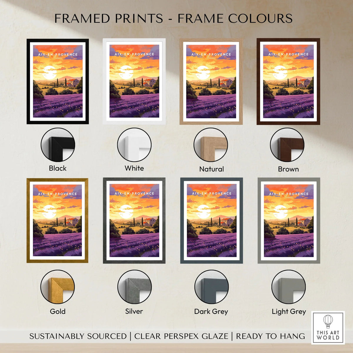 Aix-en-Provence Print framed print frame colour options: black, white, natural, brown, gold, silver, dark grey and light grey