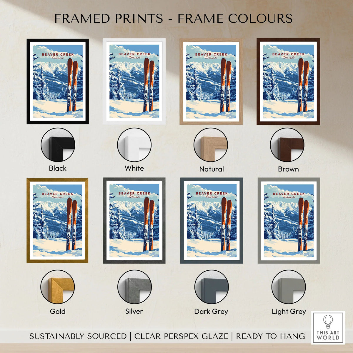 Beaver Creek Colorado Ski Poster - Rocky Mountain Winter Art Print framed print frame colour options: black, white, natural, brown, gold, silver, dark grey and light grey