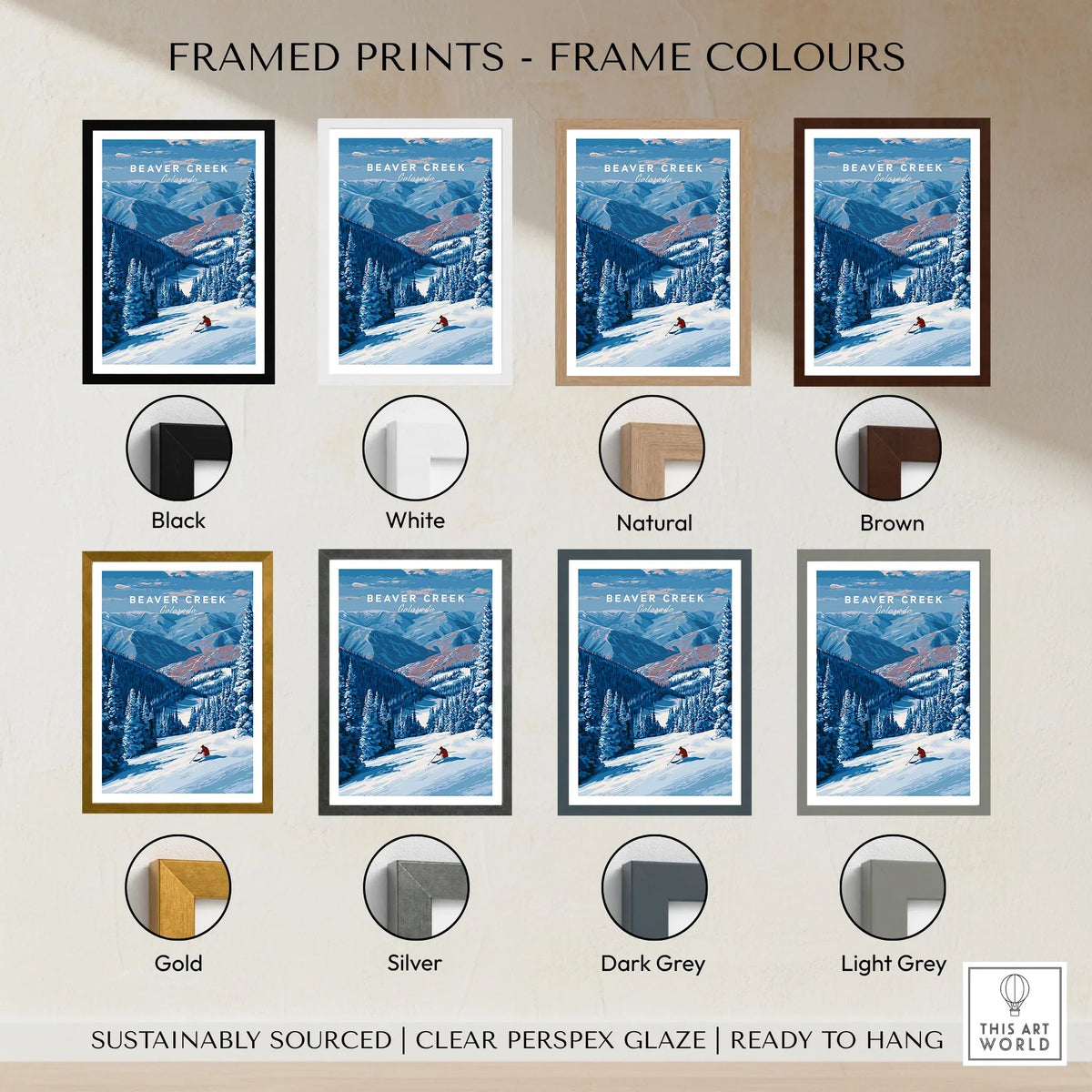 Beaver Creek Colorado Solo Skier Wall Art - Mountain Adventure Print framed print frame colour options: black, white, natural, brown, gold, silver, dark grey and light grey