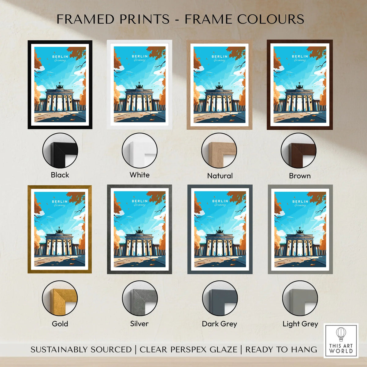 Berlin Poster Blue Sky framed print frame colour options: black, white, natural, brown, gold, silver, dark grey and light grey