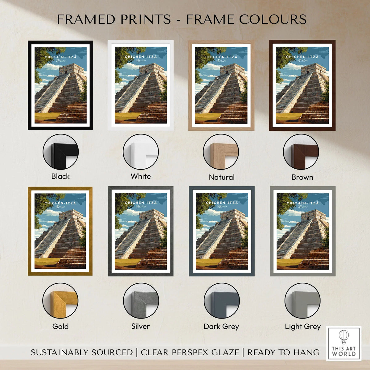 Chichén Itzá Mexico Travel Print El Castillo Pyramid Poster Mayan Ruins Wall Art framed print frame colour options: black, white, natural, brown, gold, silver, dark grey and light grey