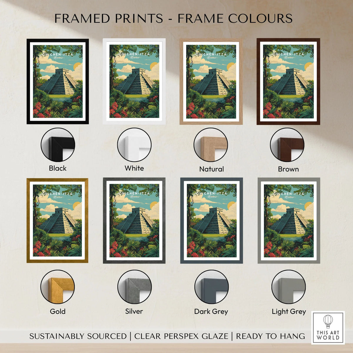 Chichén Itzá Mexico Travel Poster Pyramid Jungle Print Mayan Ruins Wall Art Decor framed print frame colour options: black, white, natural, brown, gold, silver, dark grey and light grey