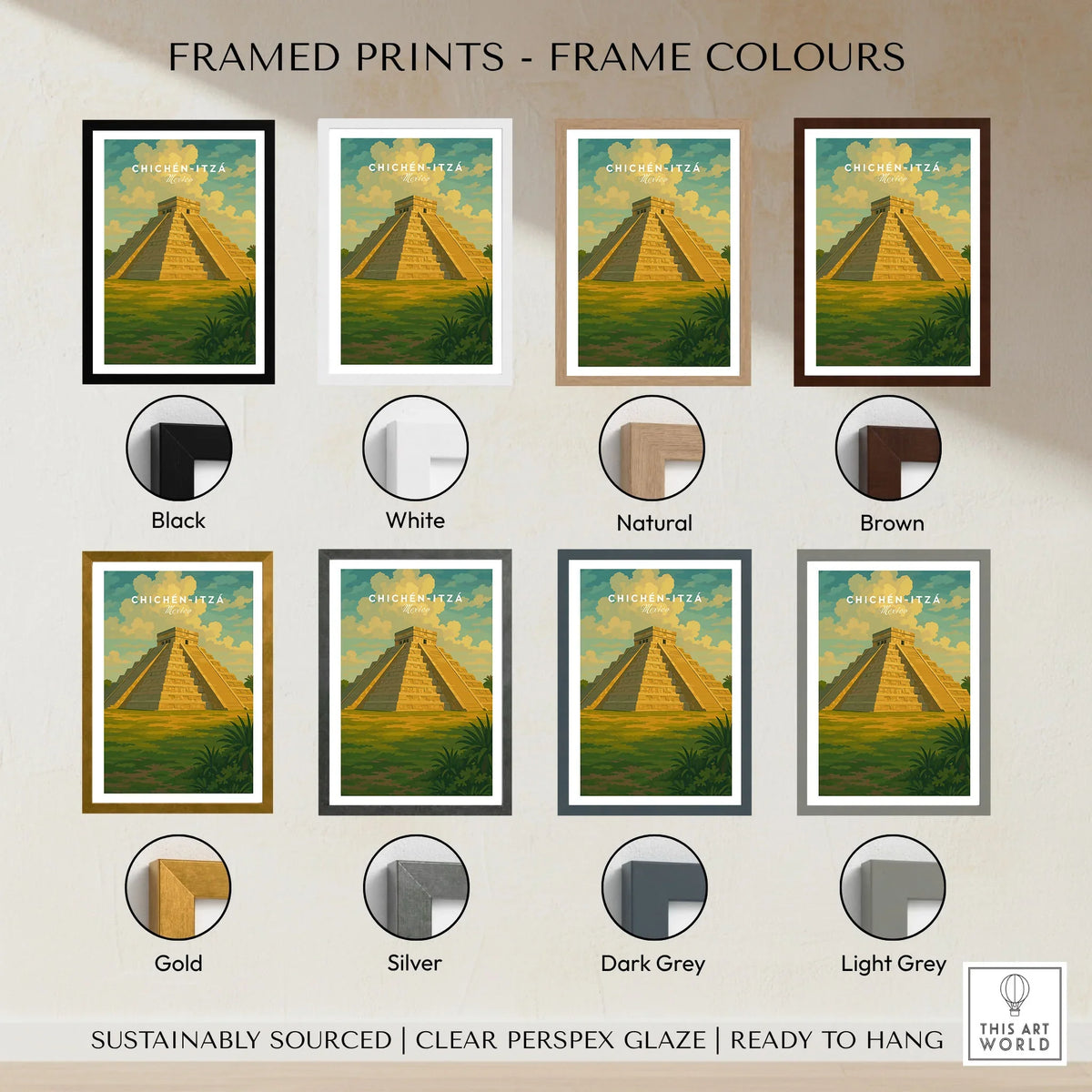 Chichén Itzá Mexico El Castillo Pyramid Travel Print Mayan Landscape Poster Wall Art framed print frame colour options: black, white, natural, brown, gold, silver, dark grey and light grey