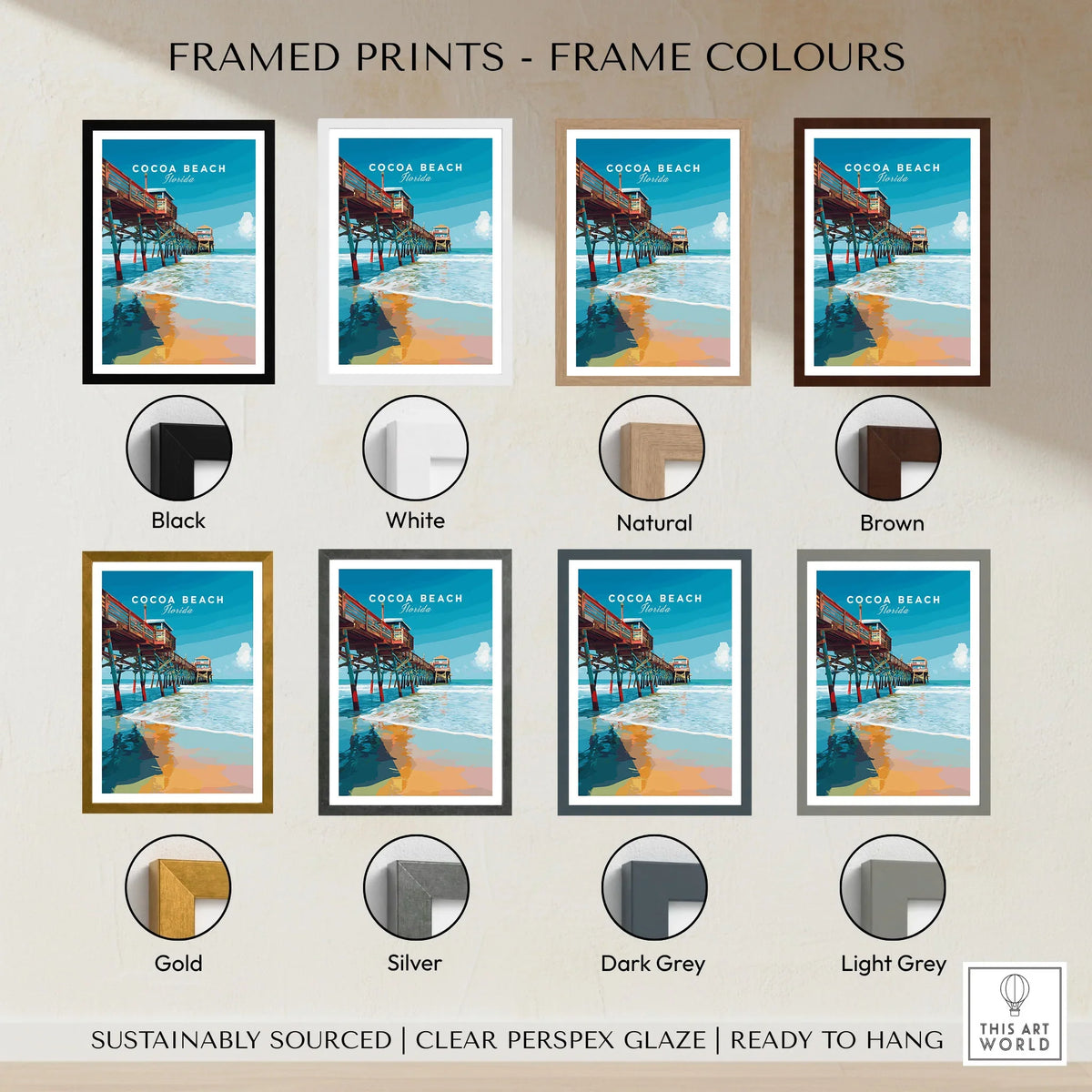 Cocoa Beach Florida Pier Print - Coastal Florida Wall Art framed print frame colour options: black, white, natural, brown, gold, silver, dark grey and light grey