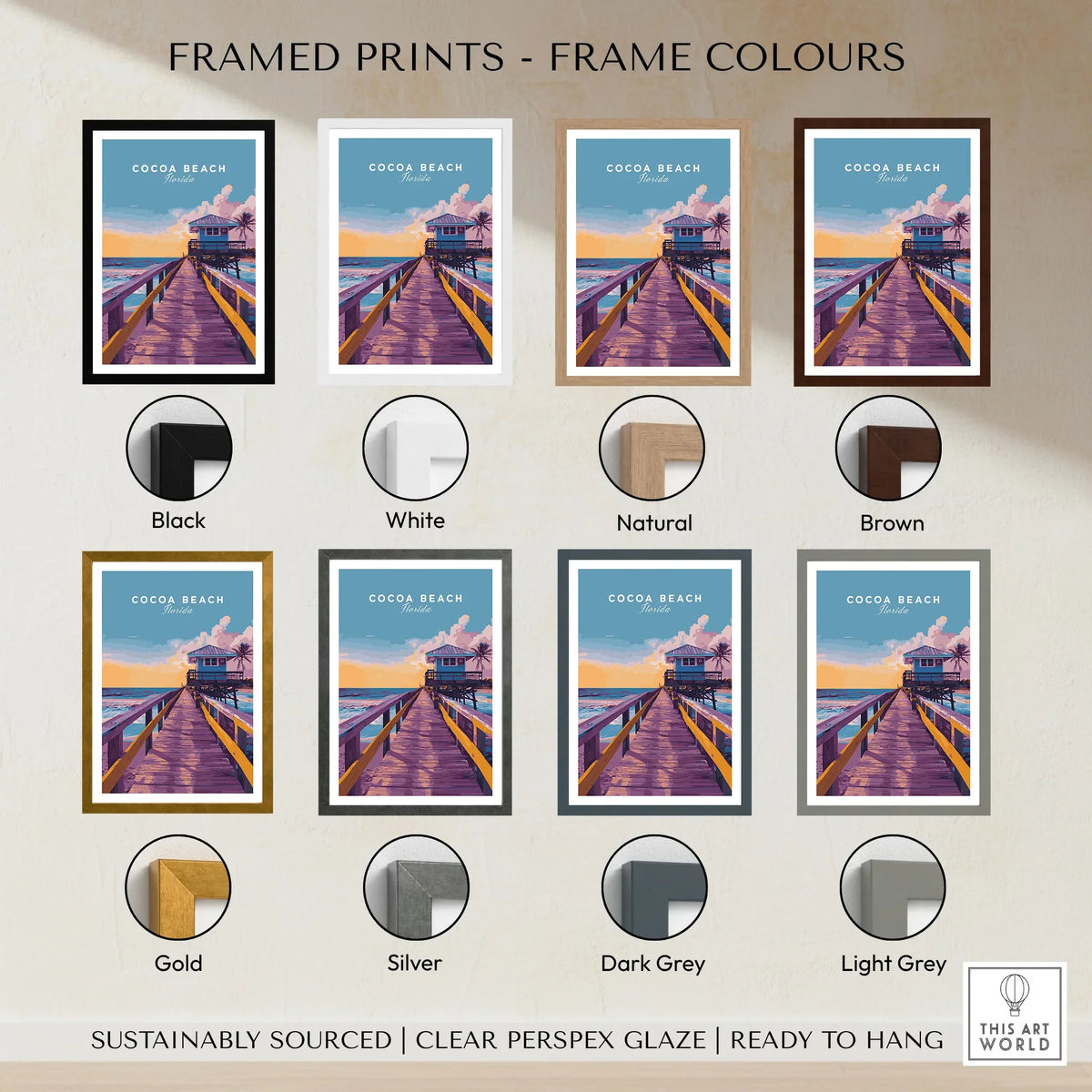 Cocoa Beach Boardwalk Print - Florida Sunset Wall Art framed print frame colour options: black, white, natural, brown, gold, silver, dark grey and light grey