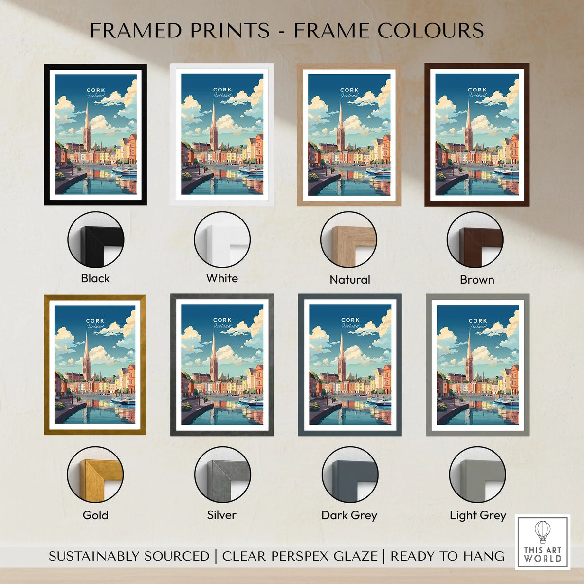 Cork City Ireland Print framed print frame colour options: black, white, natural, brown, gold, silver, dark grey and light grey