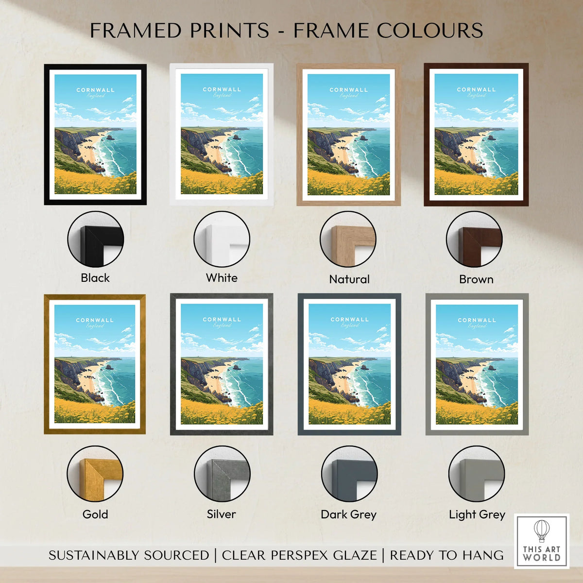 Cornwall Poster framed print frame colour options: black, white, natural, brown, gold, silver, dark grey and light grey
