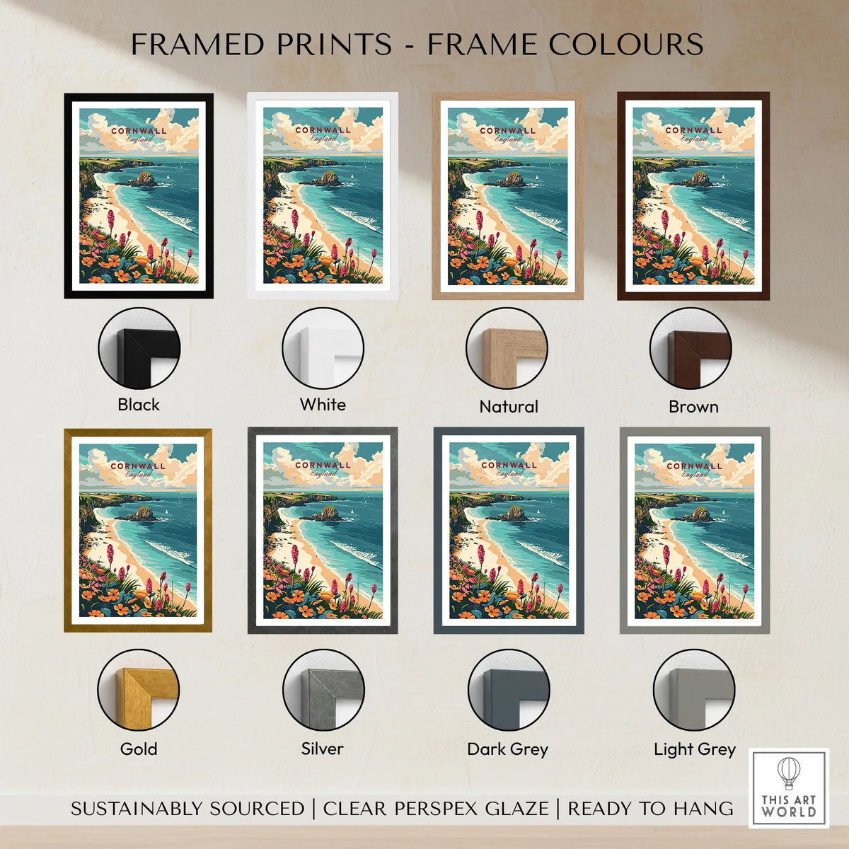 Cornwall Wall Art Print - United Kingdom Travel Poster framed print frame colour options: black, white, natural, brown, gold, silver, dark grey and light grey
