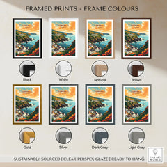 Cornwall Travel Print framed print frame colour options: black, white, natural, brown, gold, silver, dark grey and light grey