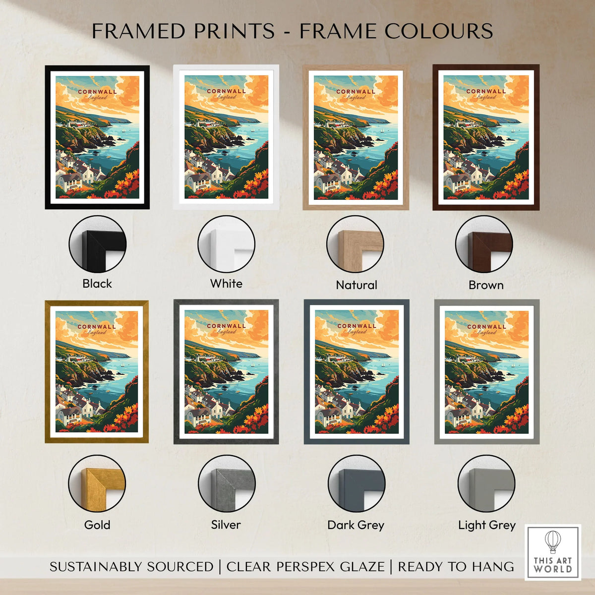 Cornwall Travel Print framed print frame colour options: black, white, natural, brown, gold, silver, dark grey and light grey
