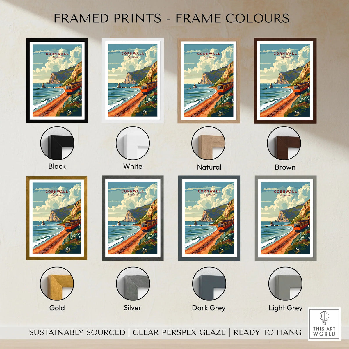 Cornwall Coast Travel Print framed print frame colour options: black, white, natural, brown, gold, silver, dark grey and light grey