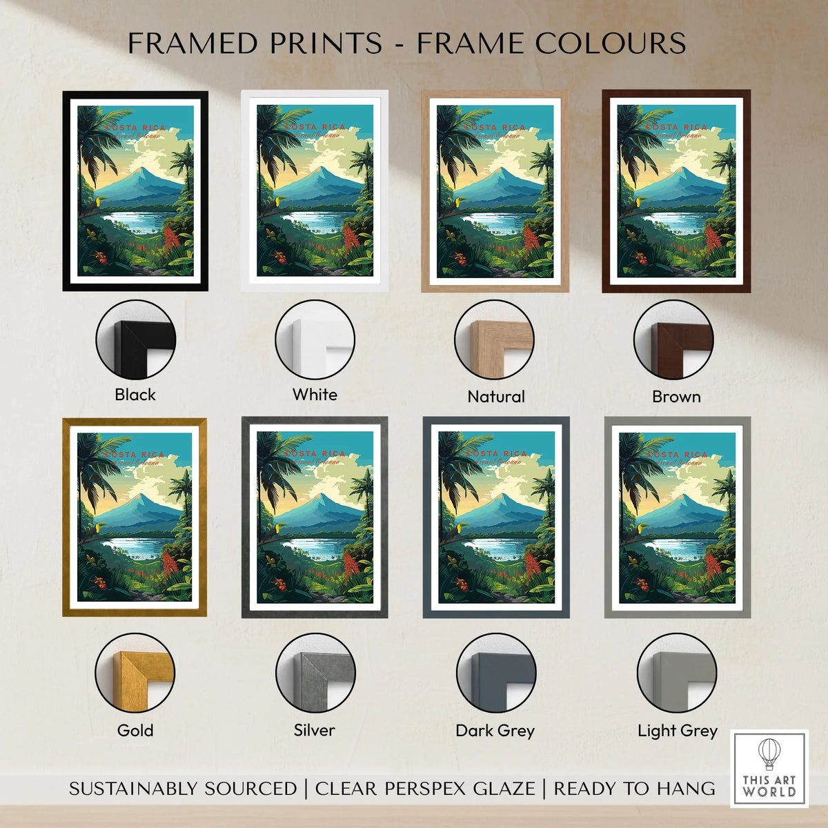 Costa Rica Print framed print frame colour options: black, white, natural, brown, gold, silver, dark grey and light grey