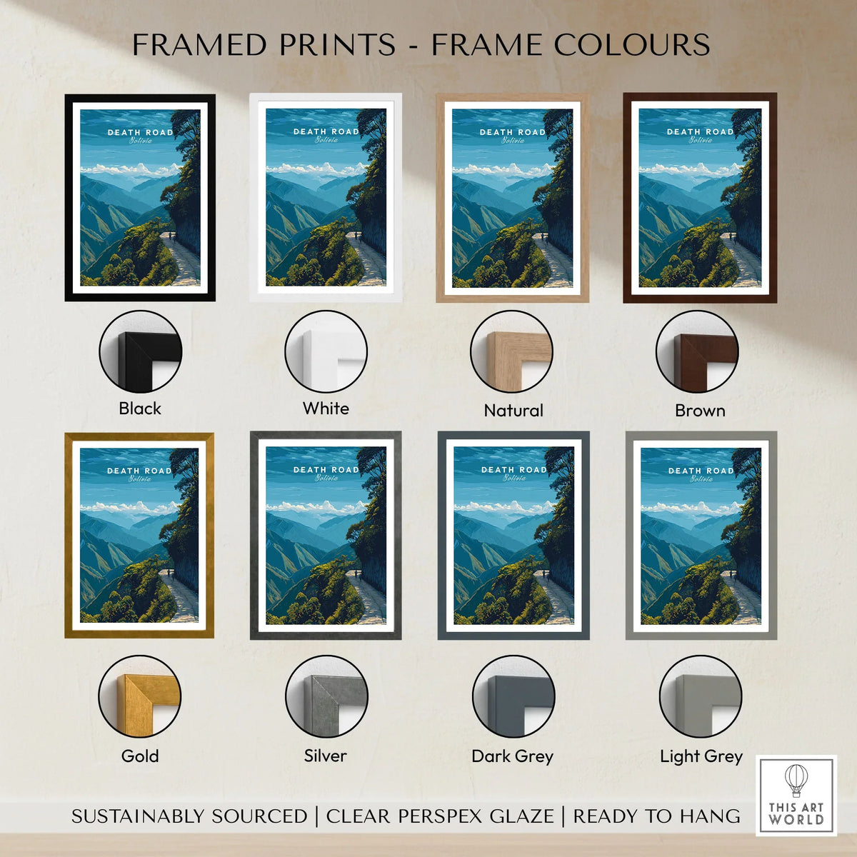Death Road Yungas Adventure Scenic Print | Bolivian Travel Wall Decor framed print frame colour options: black, white, natural, brown, gold, silver, dark grey and light grey