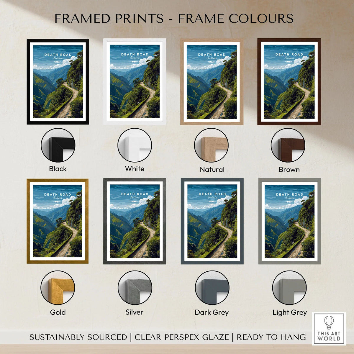 Death Road Andes Print | Yungas Road Poster framed print frame colour options: black, white, natural, brown, gold, silver, dark grey and light grey